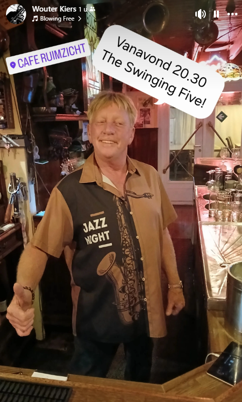 Vanavond extra swinggevaar! : The Swinging Five met Wouter Kiers en Ruud de Vries(tenorsaxofoon), Wim van Hoorn(piano), Frans Bouwmeester(bas) en Maarten Kruijswijk(drums)
Locatie: Café Ruimzicht, Leimuiderdijk 377
Leimuiderbrug