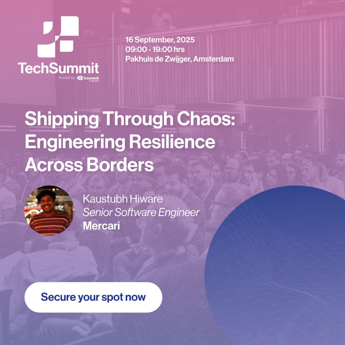 Mercari Developers (@mercaridev) on Twitter photo Our Software Engineer Kaustubh Hiware (<a href="/_ofkaus/">Kaustubh Hiware</a>) will be speaking at TechSummit.io, Amsterdam on September 16!
Title: “Shipping Through Chaos: Engineering Resilience Across Borders" 🌍
techsummit.io/breakout-sessi… Our Software Engineer Kaustubh Hiware (<a href="/_ofkaus/">Kaustubh Hiware</a>) will be speaking at TechSummit.io, Amsterdam on September 16!
Title: “Shipping Through Chaos: Engineering Resilience Across Borders" 🌍
techsummit.io/breakout-sessi…