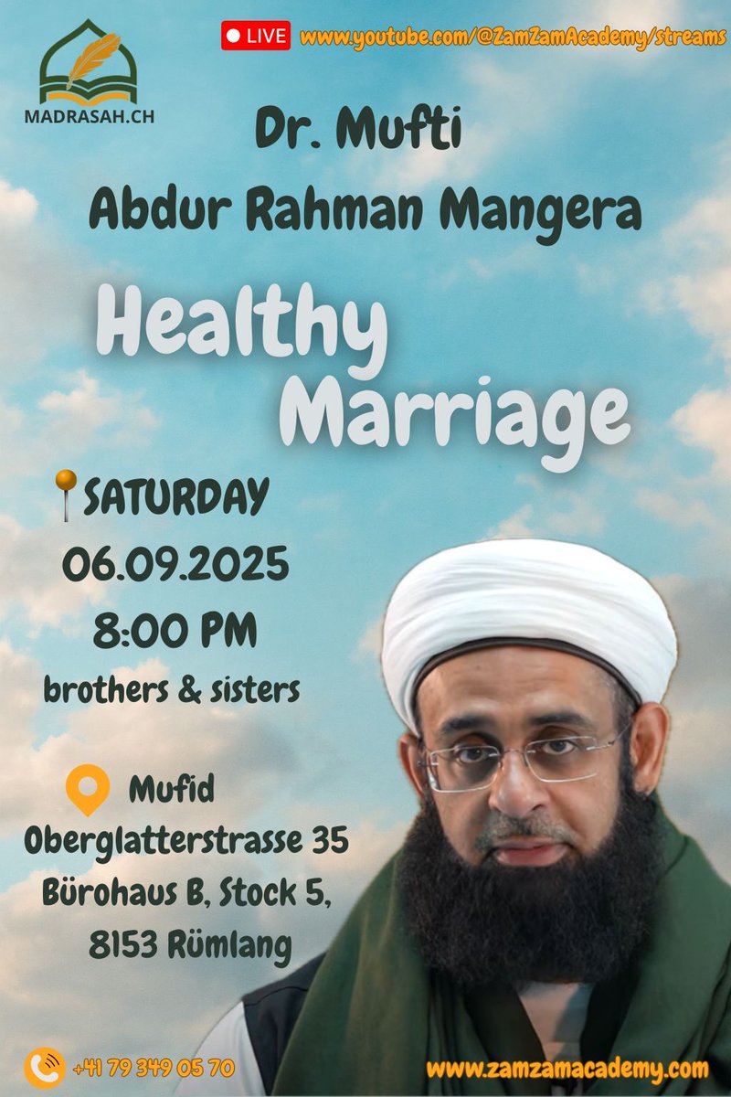 <a href="/MuftiARM/">Dr. Mufti Abdur-Rahman</a> will be in #Switzerland this week insha'Allah.