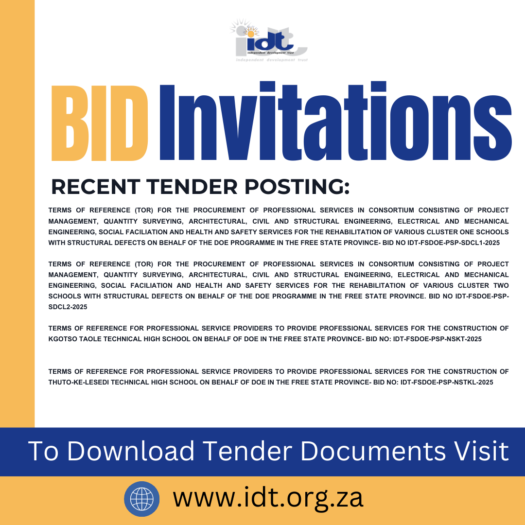 IDT_org's tweet image. 𝐈𝐍𝐕𝐈𝐓𝐀𝐓𝐈𝐎𝐍 𝐓𝐎 𝐁𝐈𝐃
IDT invites interested parties to bid on our latest opportunities. visit idt.org.za to learn more.
#YourPartnerInDevelopment
#BidInvitation