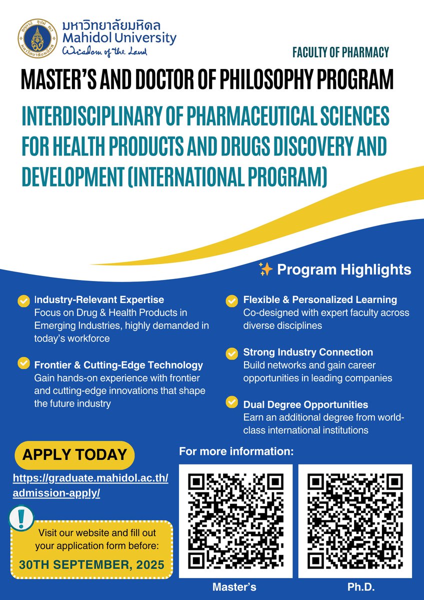 mupharm's tweet image. 🌟 Ready to be a global leader in pharmaceutical innovation? Join our Master’s & Ph.D. Program (International) in Health Products & Drugs Discovery and Development
👉 Apply now: graduate.mahidol.ac.th/admission-appl…
🔗 Apply by 30 September 2025
#MahidolUniversity #Pharmacy #GraduateProgram