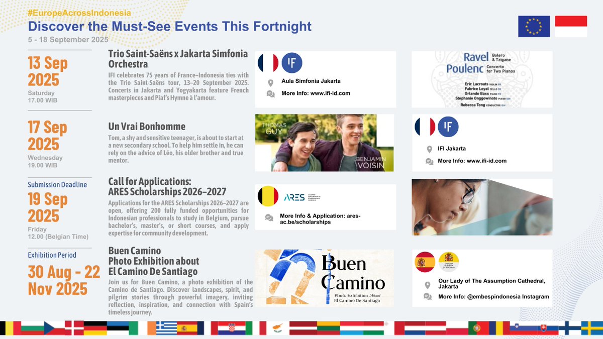 September is here and so is the spirit of curiosity ✨ From fellowships and batik design to French conversation, music festivals, and digital storytelling, #EuropeAcrossIndonesia invites you to explore culture, creativity, and connection. 

Let’s make this September count 🇪🇺🇮🇩