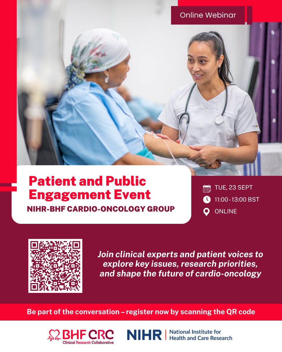 Join the NIHR-BHF Partnership Cardio-Oncology Webinar, Sept 23, 11:00–13:00 (online), supported by the BHF CRC.

This free event brings together patients, clinicians &amp; researchers to explore the heart-health impacts of cancer treatment and shape future.
🔗 events.teams.microsoft.com/event/3232486a…