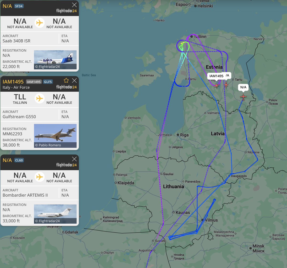 alternativewip's tweet photo. #USArmy #Italian italian air force G550 AEW / US army contractor bombardier ARTEMIS II / saab 340B - ISR aircraft seen on the flight radar circling and operating over the baltic states. #IAM1495 #33FDC2 #BRIO66 #A0EC98 #HOOPA01 #A54ED7 https://t.co/W83x7VYKuQ