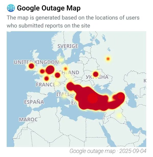 #Google servisleri Türkiye/Avrupa bölgesinde 04.09.2025 sabahı çöktü, bir müddet erişim sağlanamadı. Google'ın bütün servislerinin çökmesi senkronizasyon ile erişim sağlanan #Gmail ve #Youtube gibi diğer bütün servisleri de otomatik olarak servis dışı bıraktı. Tam bir ketenpere:)