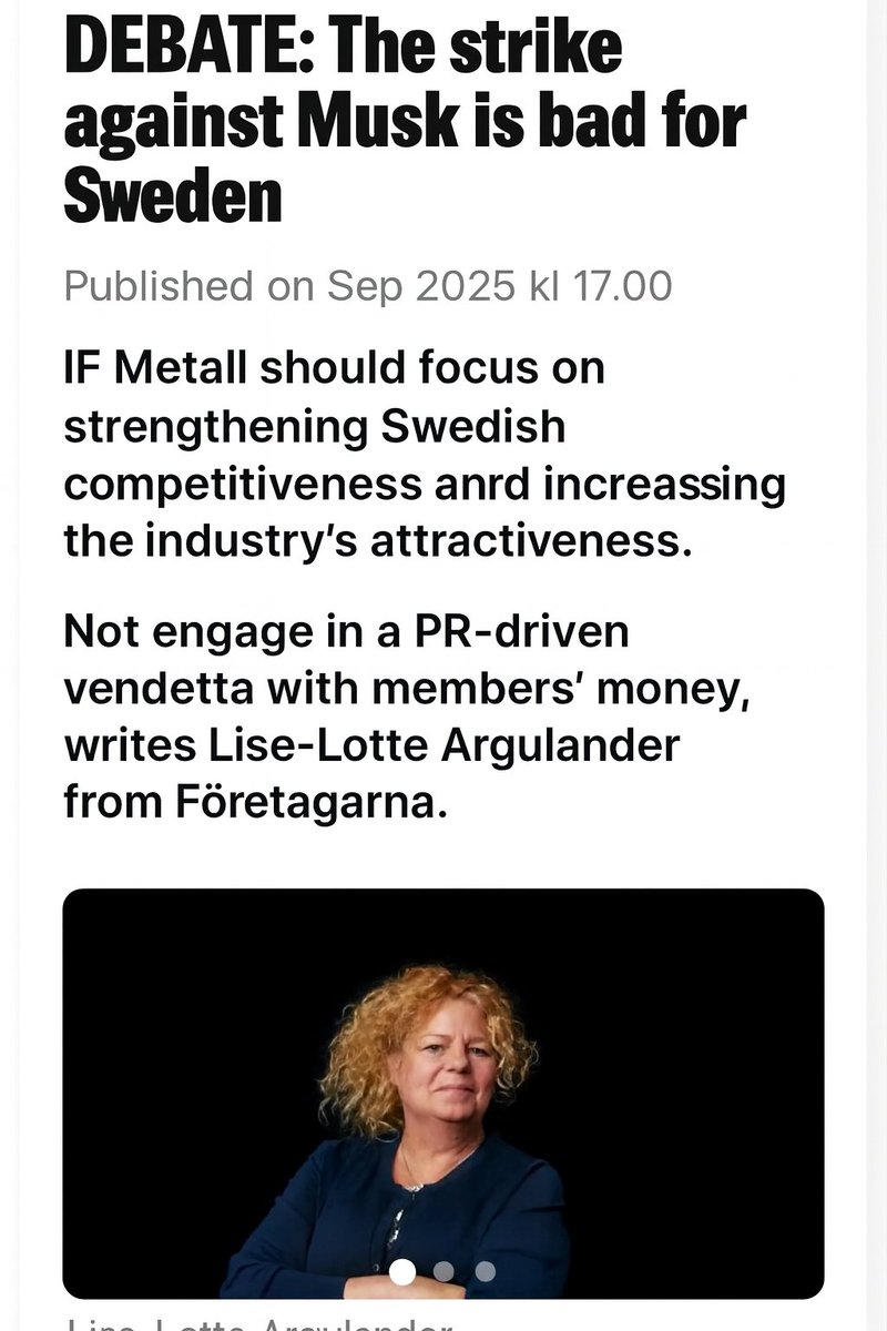 Representatives for Swedish companies are calling for IF Metall to stop the strike against Tesla, saying it's "bad for Sweden". 

I couldn't agree more. Scaring away potential investors to choose Sweden to build factories is bad for business. 

Link to debate article bellow 👇