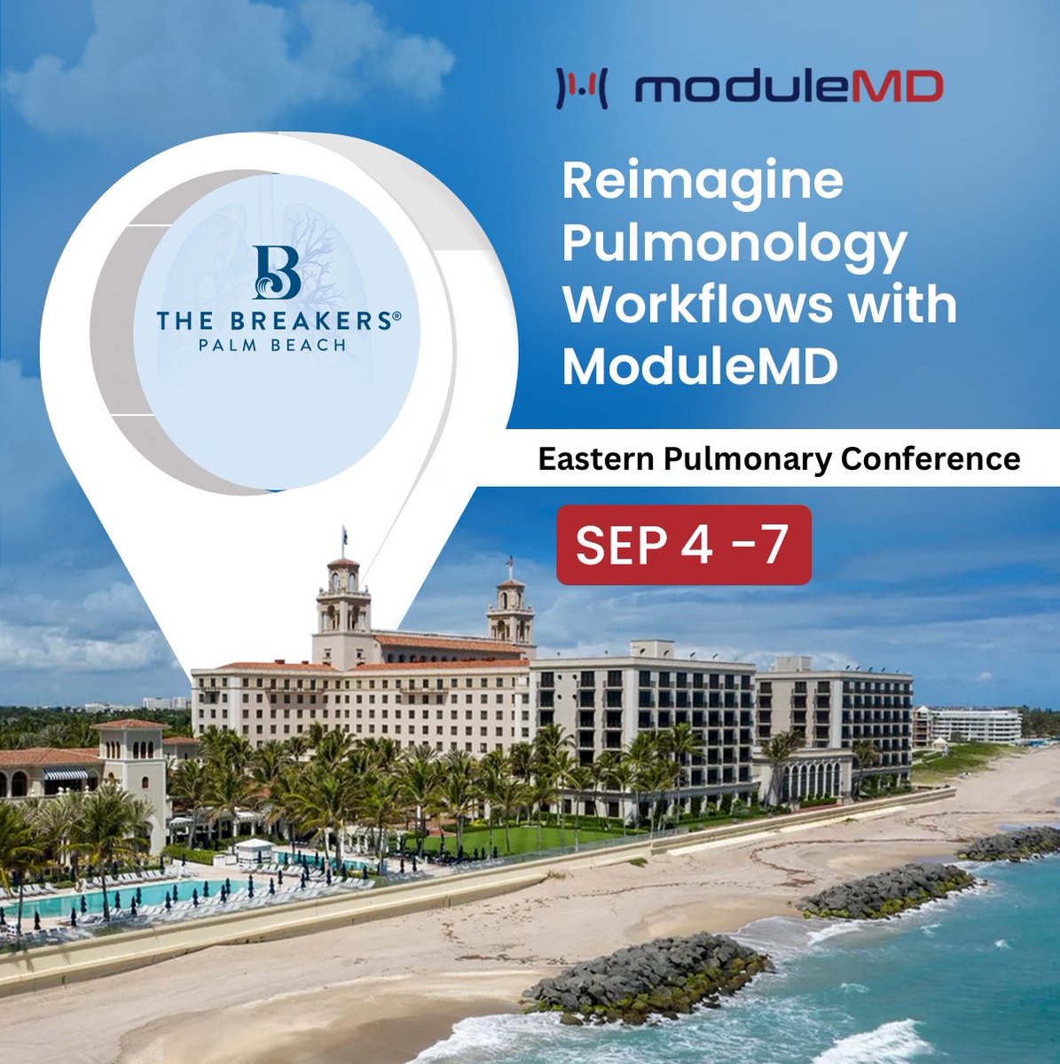 ModuleMD_EHR's tweet image. We’re excited to be at the Eastern Pulmonary Conference at The Breakers, Palm Beach, from Sep 4–7! Join us to explore smarter, streamlined solutions designed to empower your practice.
Visit us: modulemd.com
#Pulmonology #HealthcareProfessionals #ModuleMD #EHR