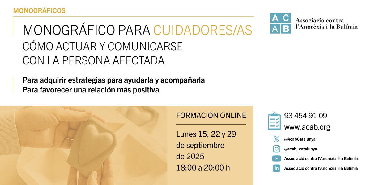 MONOGRÀFIC PER A CUIDADORES/S: COM ACTUAR I COMUNICAR-SE AMB LA PERSONA AFECTADA
Pel nostre equip de psicòlogues especialitzades, podràs adquirir estratègies per ajudar-la i acompanyar-la.
📅Dilluns 15, 22, 29 de setembre
🕕18 a 20 h
💻Online.
Inscripció:
acab.org/agenda/monogra…