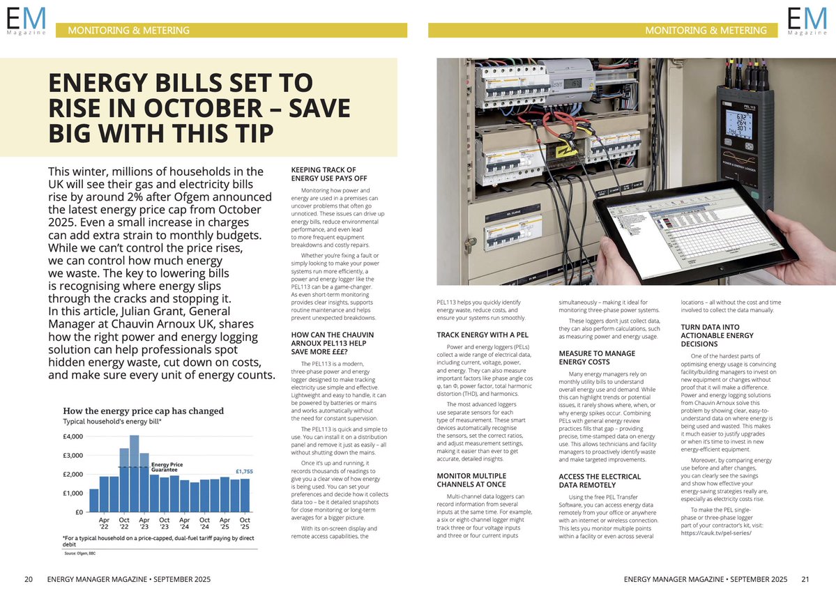 Chauvin Arnoux UK (@chauvinuk) on Twitter photo Energy bills are rising again – Ofgem announced a new price cap of 2% increase this winter! While we can’t stop the price hikes, we can stop energy waste.
👉Read all about it in the latest issue of <a href="/PSEnergyManager/">Energy Manager Magazine</a>: bit.ly/462rvjt Energy bills are rising again – Ofgem announced a new price cap of 2% increase this winter! While we can’t stop the price hikes, we can stop energy waste.
👉Read all about it in the latest issue of <a href="/PSEnergyManager/">Energy Manager Magazine</a>: bit.ly/462rvjt