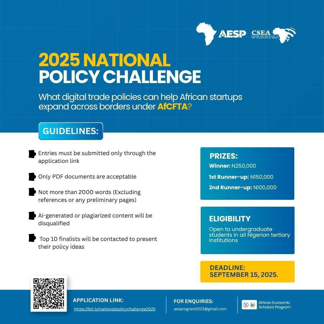 The clock is ticking! ⏰

This is a gentle reminder that the deadline for the AESP National Policy Challenge 2025 is fast approaching. Kindly note that all submissions must be in by September 15th.

Submit your entry now before it's too late: 
docs.google.com/forms/d/1BTLQ3…