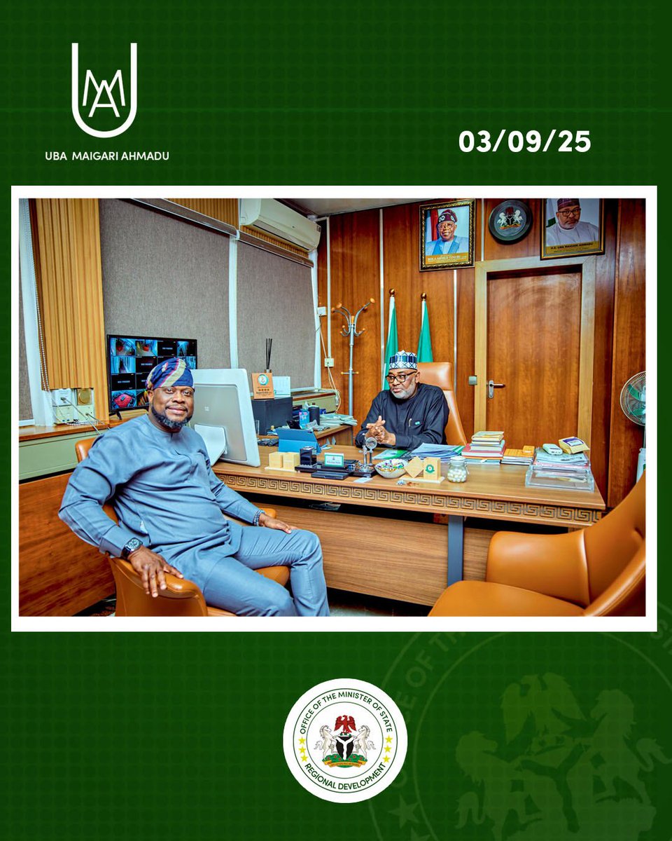 The Honourable Minister of State for Regional Development, H.E. Uba Maigari Ahmadu, on Wednesday, 3rd September 2025, received in audience the Deputy Executive Secretary (Services) of the Universal Basic Education Commission (UBEC), Hon. Tunde Ajibulu, in his office.