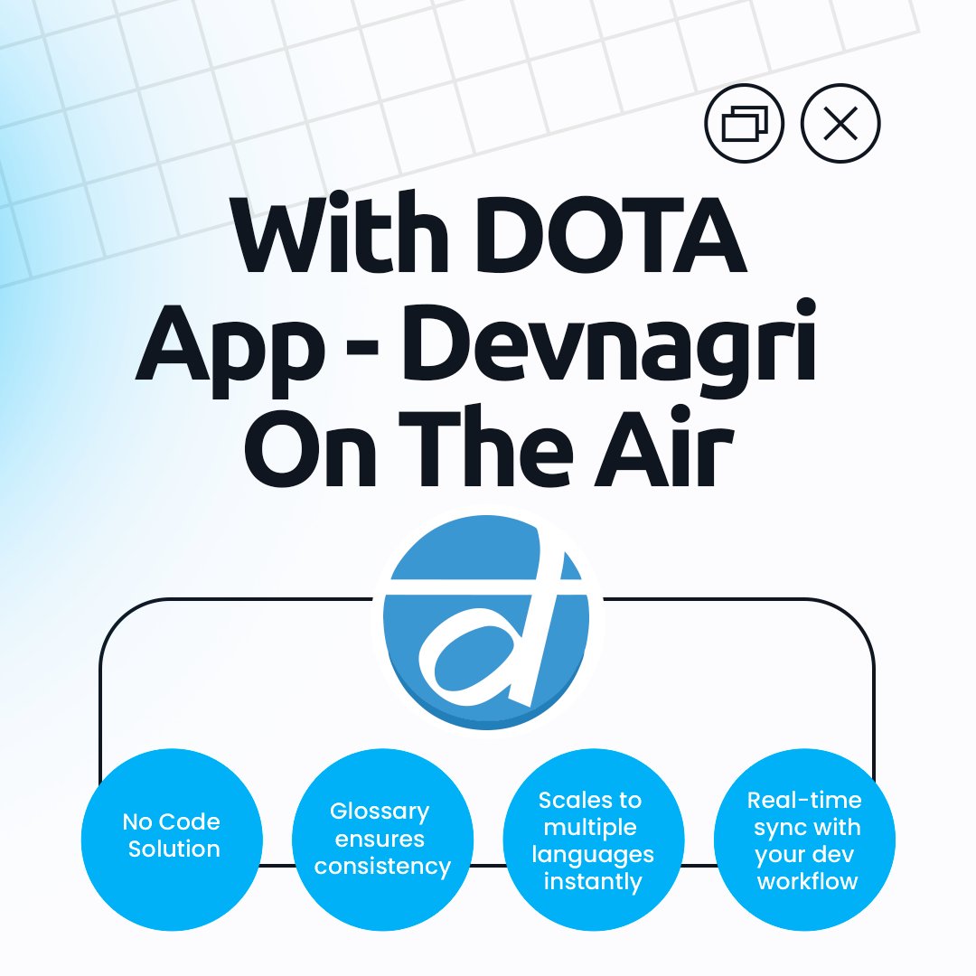 DevnagriAI's tweet image. Why wait months?
With DOTA, launch your app in 3+ languages in weeks. Faster localization, real-time sync, and scalable growth.
#AppLocalization #DOTA #DevnagriAI
