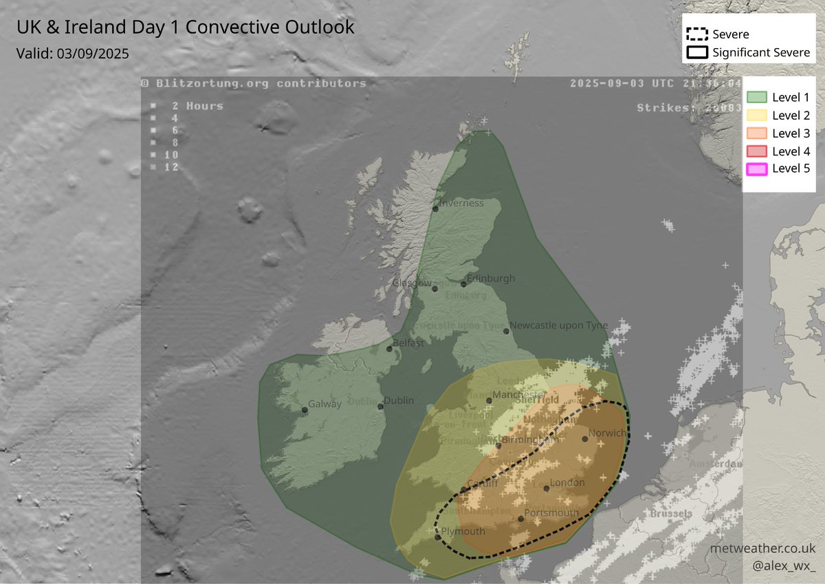 Here is verification for yesterday's forecast:

Most activity occurred inside Level 2 zones, however the most intense storms occurred just north of the main Level 3 zone. It seems there were reports of wind damage in Kent too. 

I'd maybe give a 5/10