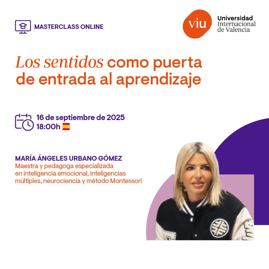¿Sabías que los sentidos son la puerta de entrada al aprendizaje en la infancia?
Descúbrelo en esta Masterclass Online gratuita organizada por el Grado en Ed. Infantil de <a href="/UniversidadVIU/">Universidad Internacional de Valencia - VIU</a>

📅 16/09 · 18h (España)
🎟 Inscripción gratuita ↓
🔗 universidadviu.com/es/actualidad/…