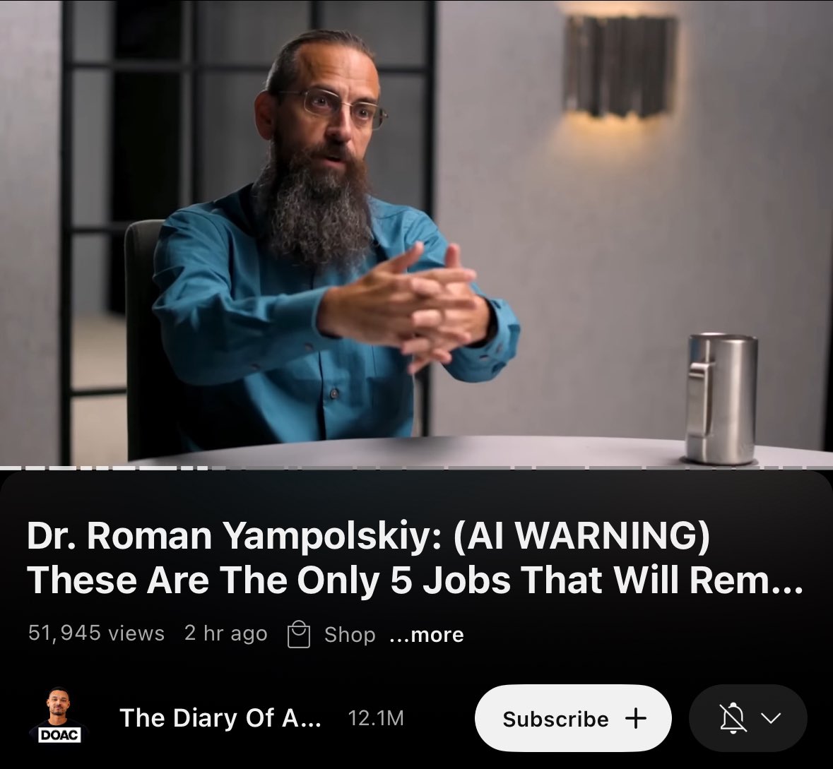 Great interview: Dr. Roman Yampolskiy:
 (AI WARNING) These Are The Only 5 Jobs That Will Remain in 2030 youtu.be/UclrVWafRAI?si…