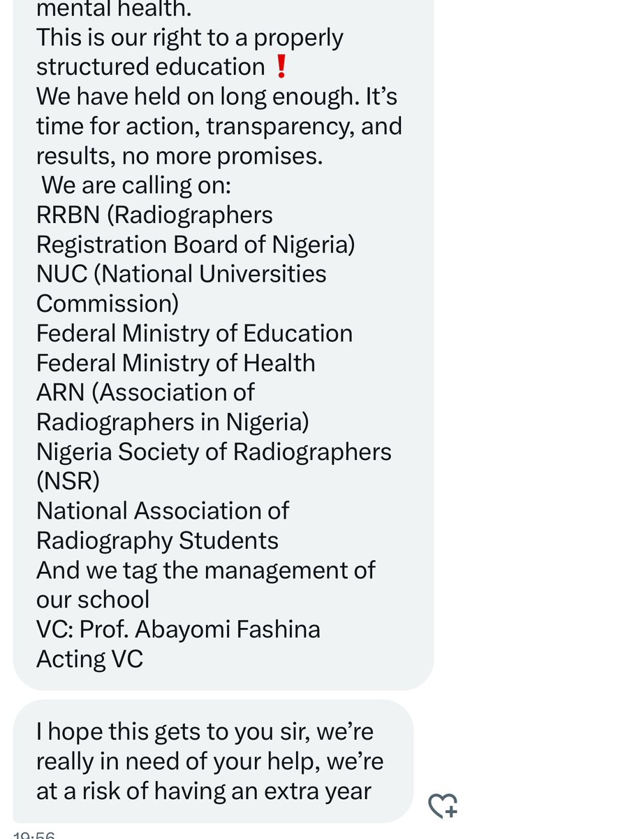 Sir Dickson (@wizarab10) on Twitter photo The students of the Department of Radiography, FUOYE, are about to be kicked out of school. This is not right!
4 years in invested time and resources, and they are being informed about lack of accreditation. Tag the necessary bodies to tackle this.
<a href="/RRBN_NIGERIA/">RRBN NIGERIA</a> <a href="/FUOYE_SUG/">STUDENTS' UNION GOVERNMENT, FUOYE</a> The students of the Department of Radiography, FUOYE, are about to be kicked out of school. This is not right!
4 years in invested time and resources, and they are being informed about lack of accreditation. Tag the necessary bodies to tackle this.
<a href="/RRBN_NIGERIA/">RRBN NIGERIA</a> <a href="/FUOYE_SUG/">STUDENTS' UNION GOVERNMENT, FUOYE</a>