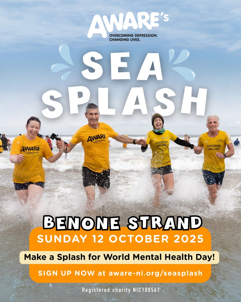 🌊 Ready to make a SPLASH for World Mental Health Day? 🌊

Join us at Benone Strand on Sun 12 Oct for the AWARE NI Sea Splash! 🏖️

Take on a chilly challenge, raise vital funds &amp; support local mental health 💛

🔗 Sign up: aware-ni.org/seasplash