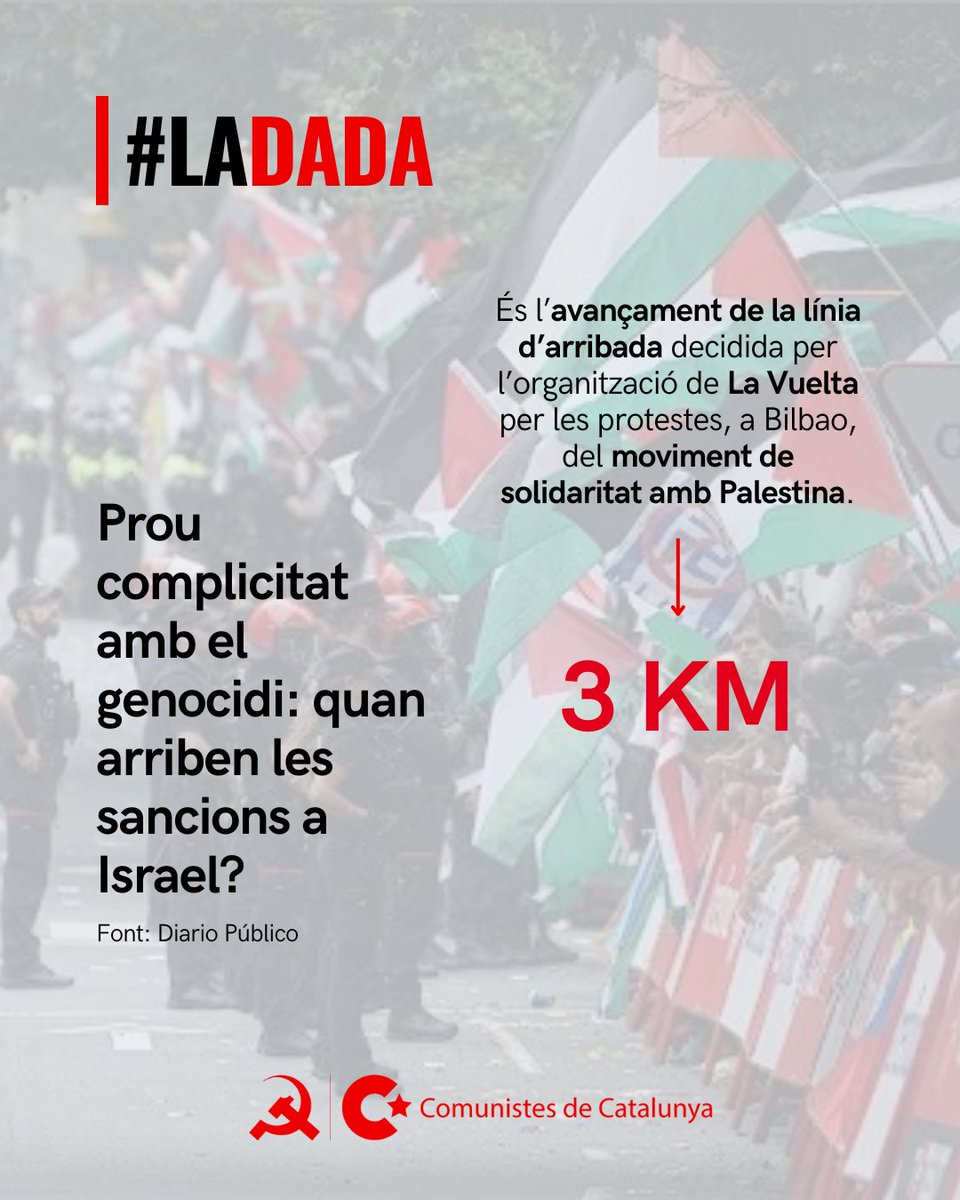 🔴 Israel està cometent un genocidi, però compta amb massa complicitats.
🔸 Pot participar a Eurovisió.
🔸 Pot participar en qualsevol esdeveniment esportiu.
🔸 Rep armes d'altres països.

🇵🇸 Avui, a #LaDada, els 3 km de la dignitat de la solidaritat amb Palestina a #LaVuelta.