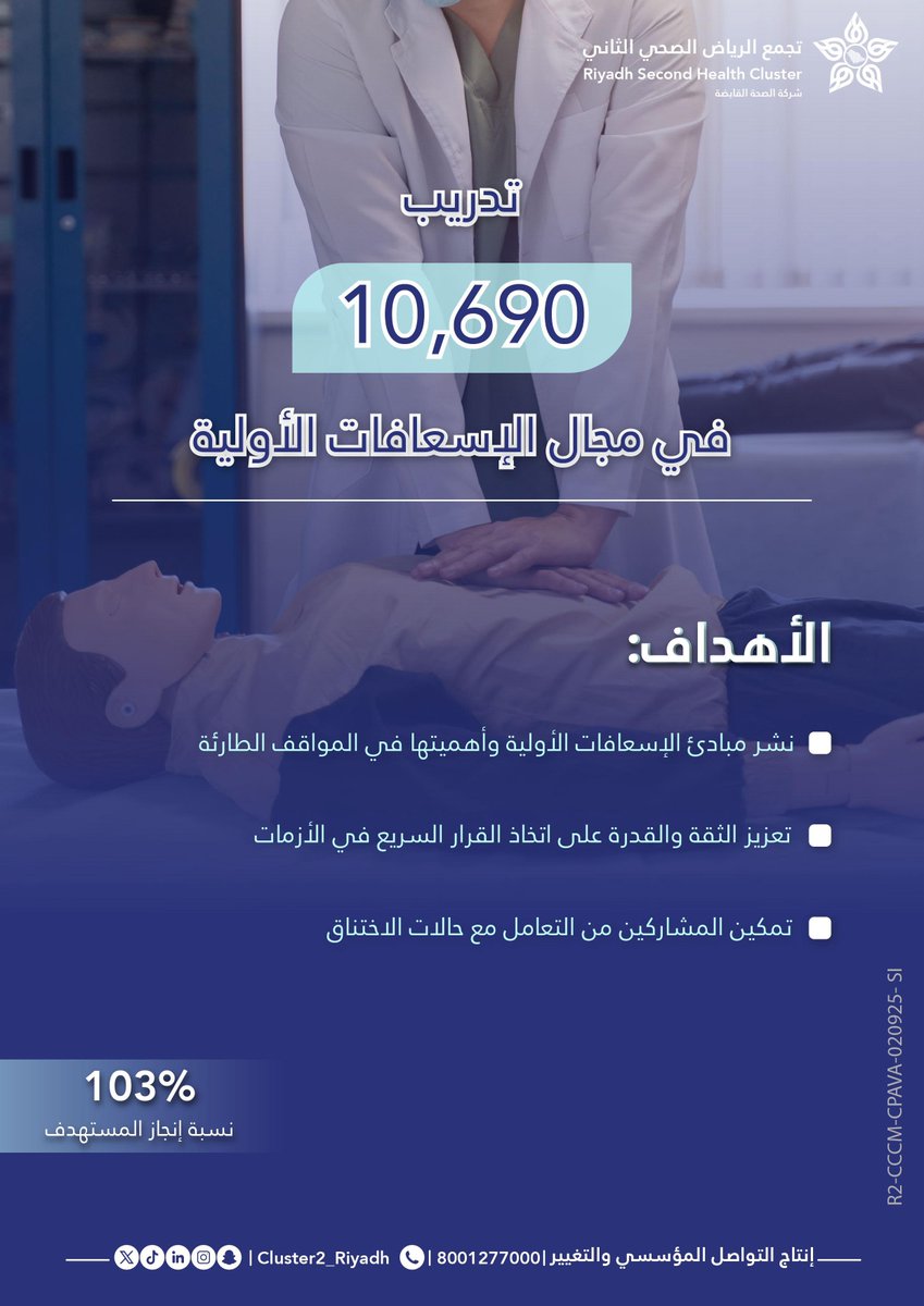 +10,000 متدرب اكتسبوا مهارات الإسعافات الأولية .. لتعزيز سلامة وصحة المجتمع

#تجمع_الرياض_الصحي_الثاني