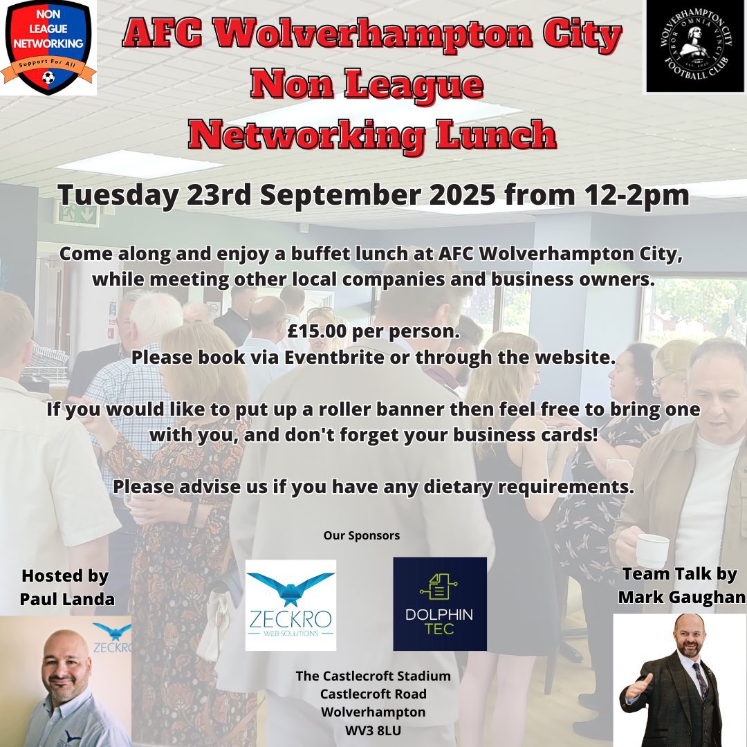 AFC Wulfrunians (@afcwulfrunians) on Twitter photo We're hosting our next
<a href="/N_L_Networking/">Non League Networking</a>
lunch on September 23rd.
You can get your tickets at eventbrite.co.uk/e/non-league-nโฆ
#AFCWC #OurCity #WeAreAFC #NonLeagueNetworking We're hosting our next
<a href="/N_L_Networking/">Non League Networking</a>
lunch on September 23rd.
You can get your tickets at eventbrite.co.uk/e/non-league-nโฆ
#AFCWC #OurCity #WeAreAFC #NonLeagueNetworking