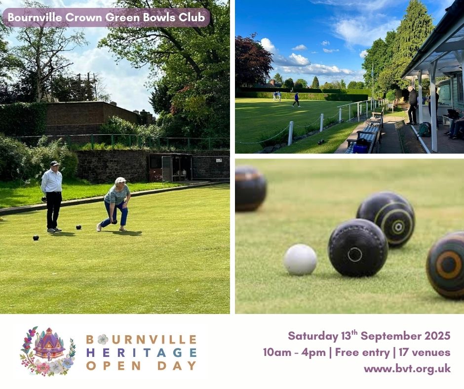 Visit the iconic Bournville Crown Green Bowls Club on Bournville Heritage Open Day 2025 + have a go at bowls in a beautiful location, right alongside the Cadbury factory + the greenery of Bournville | Sat 13th Sept | Free entry | 10am - 4pm | Full details: bvt.org.uk/your-neighbour…
