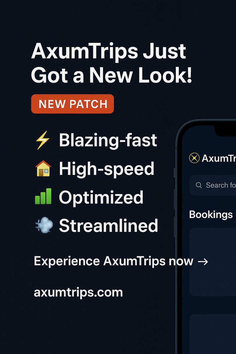 AxumTrips's tweet photo. ✨ AxumTrips 2.0 is here! ✨
🔥 NEW PATCH 🔥

⚡ Blazing-fast
🔍 Smarter search &amp; filters
🏡 Easier booking flow
📊 Clear dashboards

The smoothest way to book &amp; manage stays 🚀

🟢 New 👉 https://t.co/1uaVOxootj
🔴 Old 👉 https://t.co/sKCorbCD4N

#travel #startup #innovation https://t.co/fgvd87wWGo