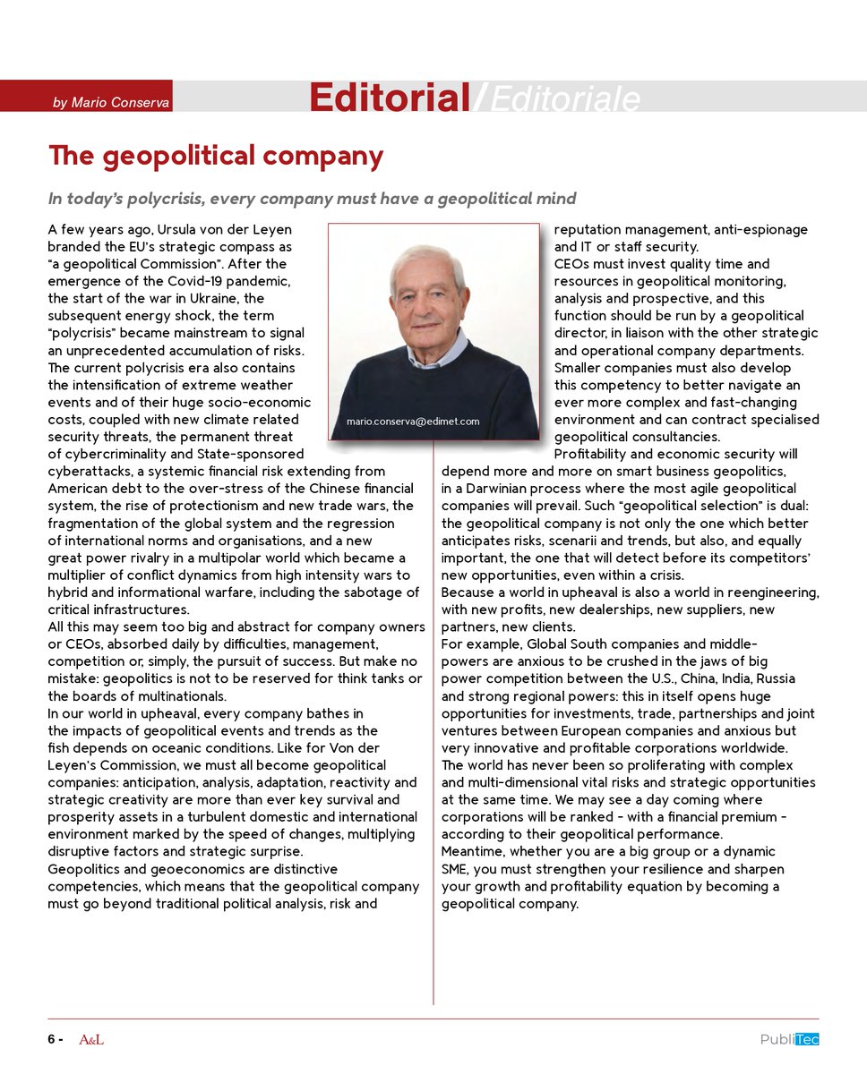 🌍 In today’s #polycrisis, companies must evolve into #geopolitical enterprises - agile, resilient, able to anticipate risks and seize opportunities. Mario Conserva’s editorial for <a href="/Alluminio_Leghe/">A&L Aluminium and Its Alloys</a> 👉🏼  face-aluminium.com/the-geopolitic…