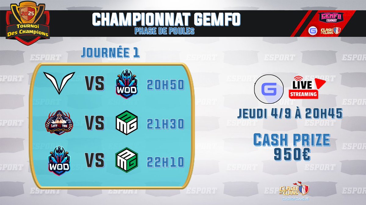 💀 SOIRÉE IMPITOYABLE au Tournoi GEmFo ⚔️
⚔️ 3 matchs de poules 🔝
💰 950 € en jeu
🎥 Live YouTube chez <a href="/gouloulou_coc/">Gouloulou</a> 

youtube.com/live/ppk0LPuce…

👉 A vos pronostics en commentaire ⤵️⤵️