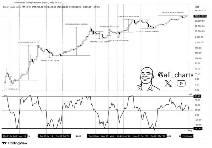 A chart displaying Bitcoin price movements over time, with candlestick patterns and trend lines. A smaller chart below shows the Chande Momentum Oscillator (CMO) with values above and below 20. A cartoon drawing of Ali from @ali_charts is visible, smiling with the text "ali_charts X" next to it. Text overlays include price levels, dates from 2017 to 2024, and technical indicators.