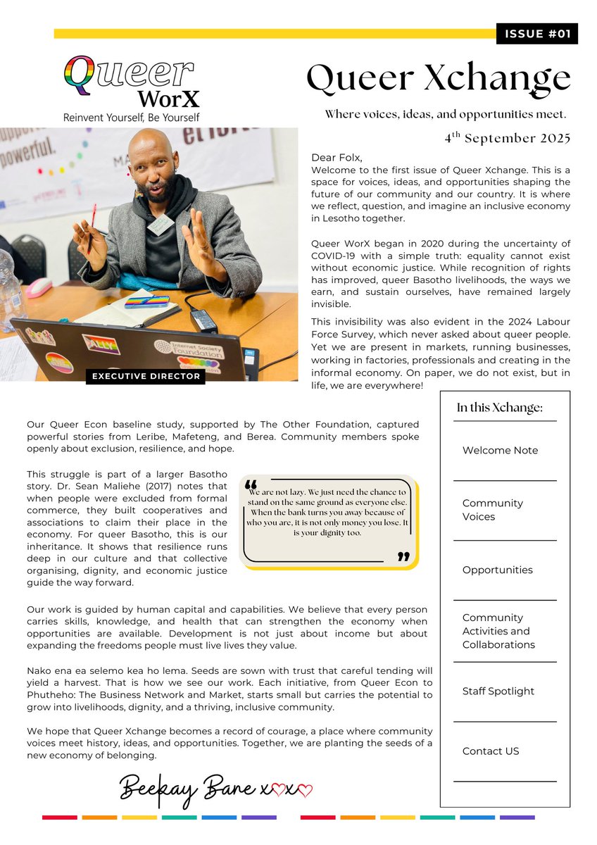 Queer_WorX's tweet photo. Our newsletter chronicles our journey. Come along and let us have our first Queer Xchange by clicking on this link: https://t.co/MV5psN7QBB
#QueerWorx2025
#QueerXchange
#queerecon
#LGBTQILesotho https://t.co/47rsPzpCzF
