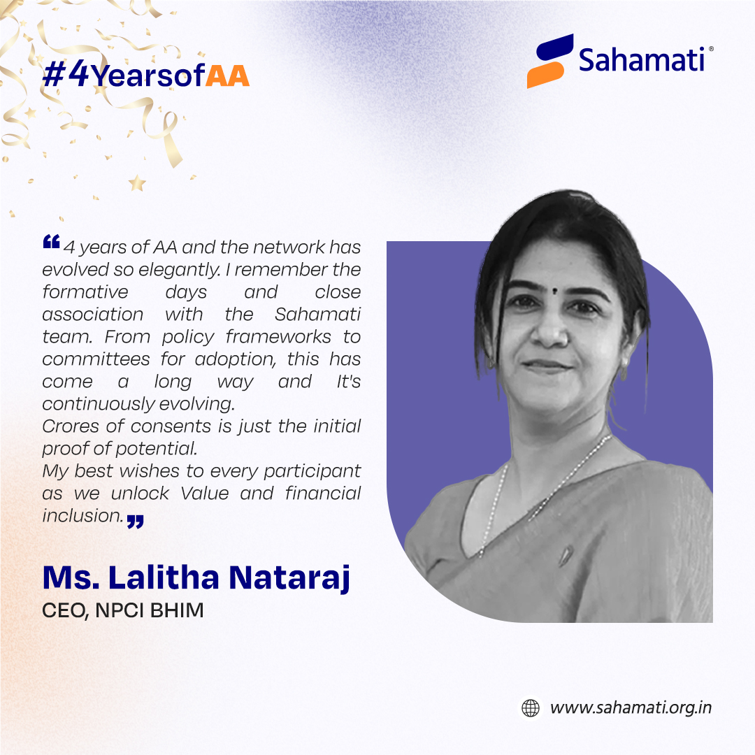 sahamati's tweet image. On #AAFoundationDay, we’re honoured to share a message from Ms. Lalitha Nataraj, CEO, @NPCI_BHIM who reflects on the formative days of the #AccountAggregator journey and its evolution from policy frameworks to widespread adoption.
Her wishes remind us of the collective effort…