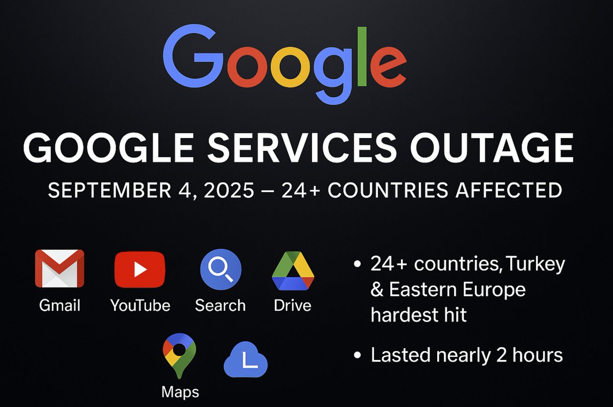RealityOnChain's tweet image. ❗️ Imagine a morning where #Google Search returns nothing, Gmail locks you out, Google Drive is not accessible, and YouTube… stops. 

That’s exactly what happened today. 

👇 Full breakdown in the comments

#googledown #Downtime #Youtube #Gmail