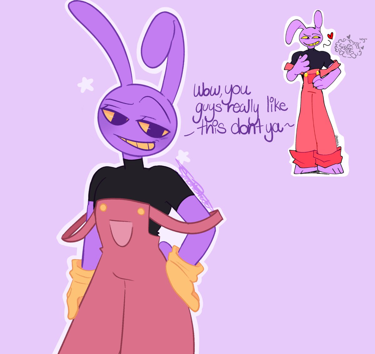 "Guh turtleneck..Get a load of this rabbit, am I right?💜🐰" (totally follow them they got amazing art! Love their Jax design holy moly!)
#TADC #TheAmazingDigitalCircus #Jax