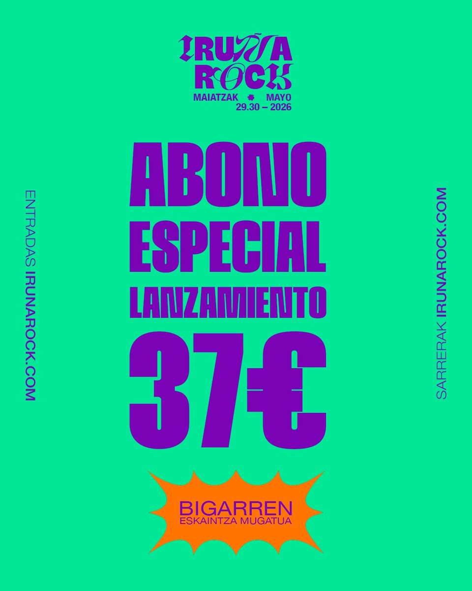 💥 ¡SEGUNDA TANDA DE ABONOS CIEGOS! Bigarren aukera abonuak prezio murriztuan lortzeko. Abono de dos días por 37€, promoción limitada hasta fin de existencias.

irunarock.com