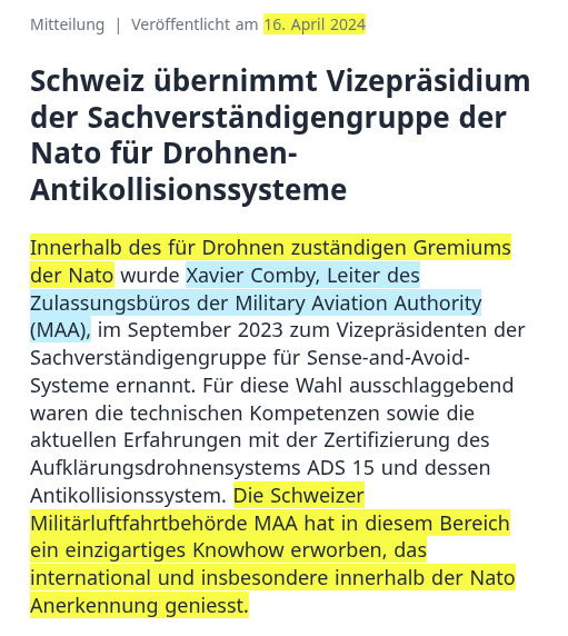 barbouillech's tweet photo. #ADS15 Drohnen - Das @vbs_ddps verzichtet u.a. auf das automatische Ausweichsystem («Detect and Avoid»), weil es nicht funktioniert.
Fun fact: Vor einem Jahr hatten "wir" das Vizepräsidium der Sachverständigengruppe der Nato für Drohnen-Antikollisionssysteme übernommen. 🤡
"Die Schweizer Militärluftfahrtbehörde MAA hat in diesem Bereich ein einzigartiges Knowhow erworben, das international und insbesondere innerhalb der Nato Anerkennung geniesst."