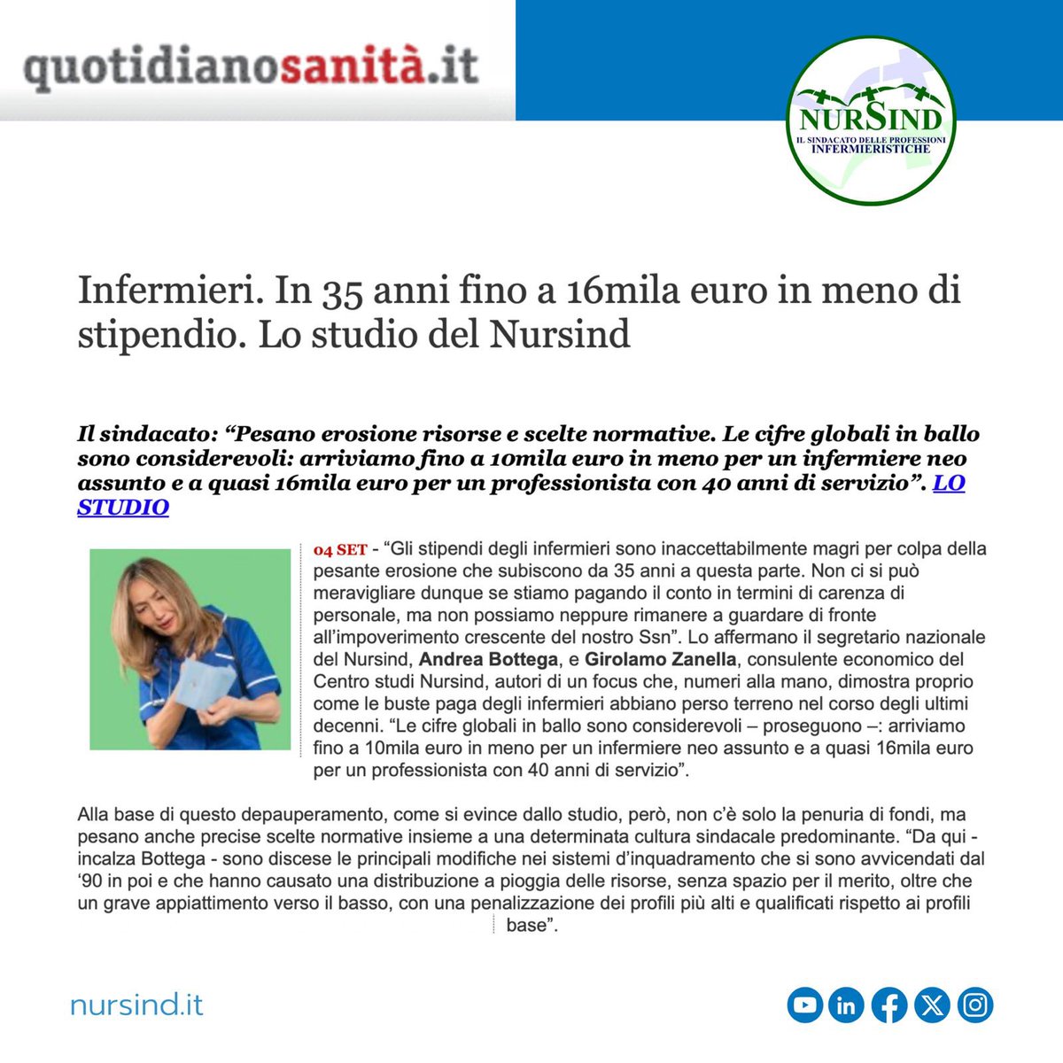 Un’erosione lunga 35 anni e che ha portato fino a 16mila euro in meno di stipendio nelle tasche degli #infermieri. Su @Qsanit lo studio realizzato dal #Nursind e il focus sul peggioramento delle buste paga: quotidianosanita.it/studi-e-analis…