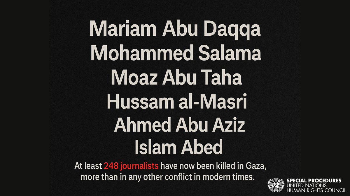 UN_SPExperts's tweet image. #Gaza: UN experts @Irenekhan &amp;amp; @FranceskAlbs condemn Israel’s killing of 6 Palestinian journalists, including 2 women.

They demand criminal investigations and urge states to act before Israel silences the last witnesses to genocide and famine.

ohchr.org/en/press-relea…