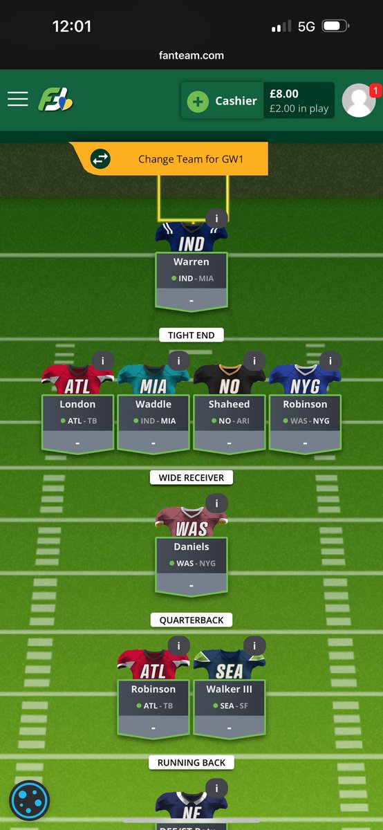markcdodd's tweet photo. @NFL_TStrack Great news on the tie in 💪 Looking forward to playing on Fanteam this season. Here’s a team entered for this weekend https://t.co/xh2J9Zih5P