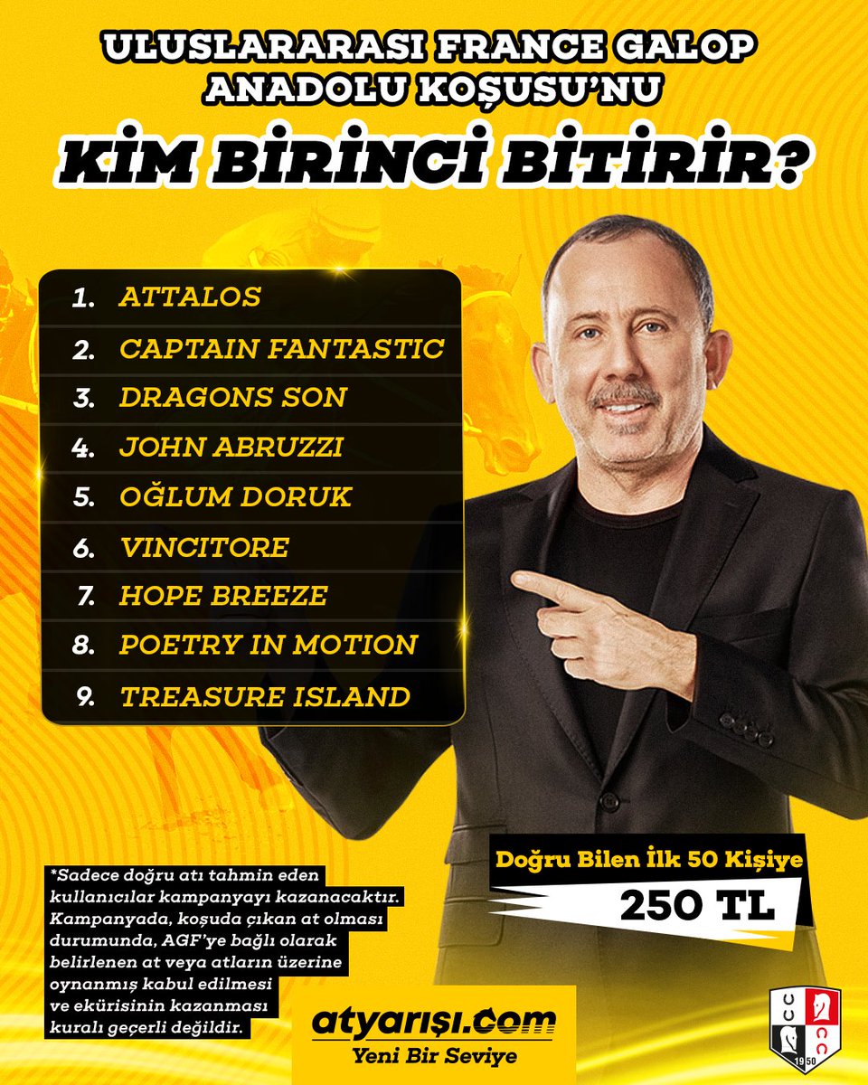 ÖDÜL ZAMANI! 🍀

Uluslararası France Galop Anadolu Koşusu'nu birinci bitiren atı bilen ilk 50 kişiden biri ol, 250 TL değerinde atyarışı.com puanı kazan!

KATILIM ŞARTLARI 🔎
💥Bu hesabı takip etmek
💥Bu paylaşımı yeniden göndermek (Repost)
💥Tahmininizi,