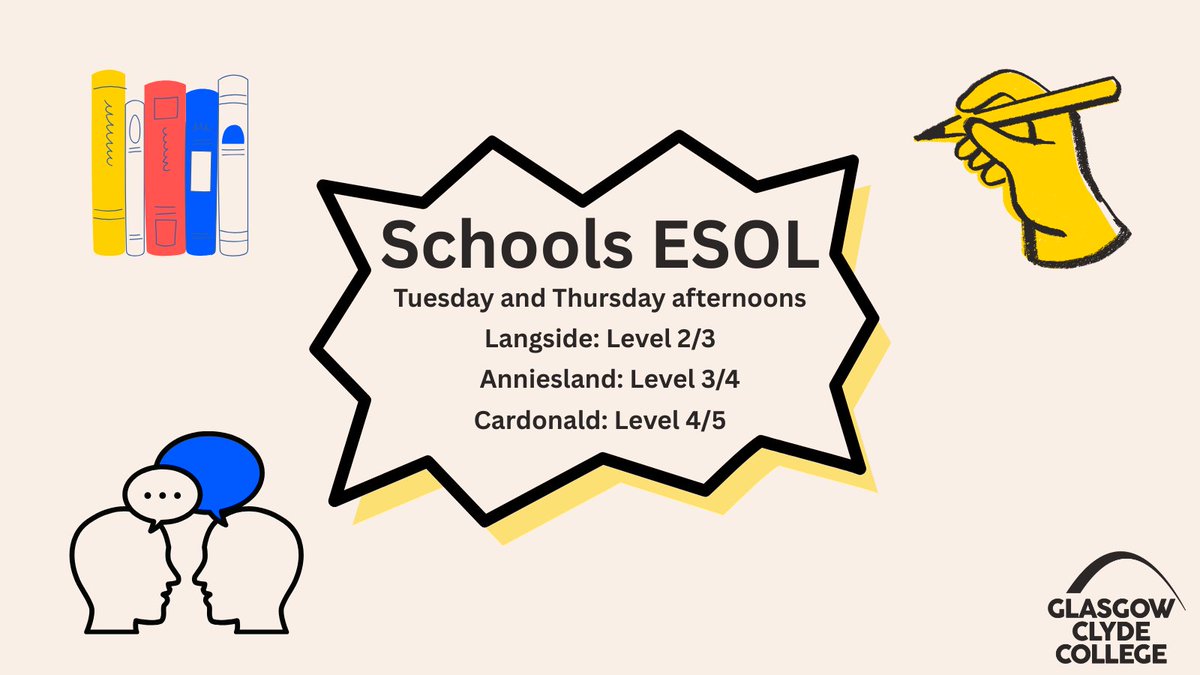 🚨 Final chance! 🚨
Don’t miss out on our Schools ESOL classes running across all 3 campuses. Apply now or email us to secure a place before it’s too late!
👉 glasgowclyde.ac.uk/study/schools/…