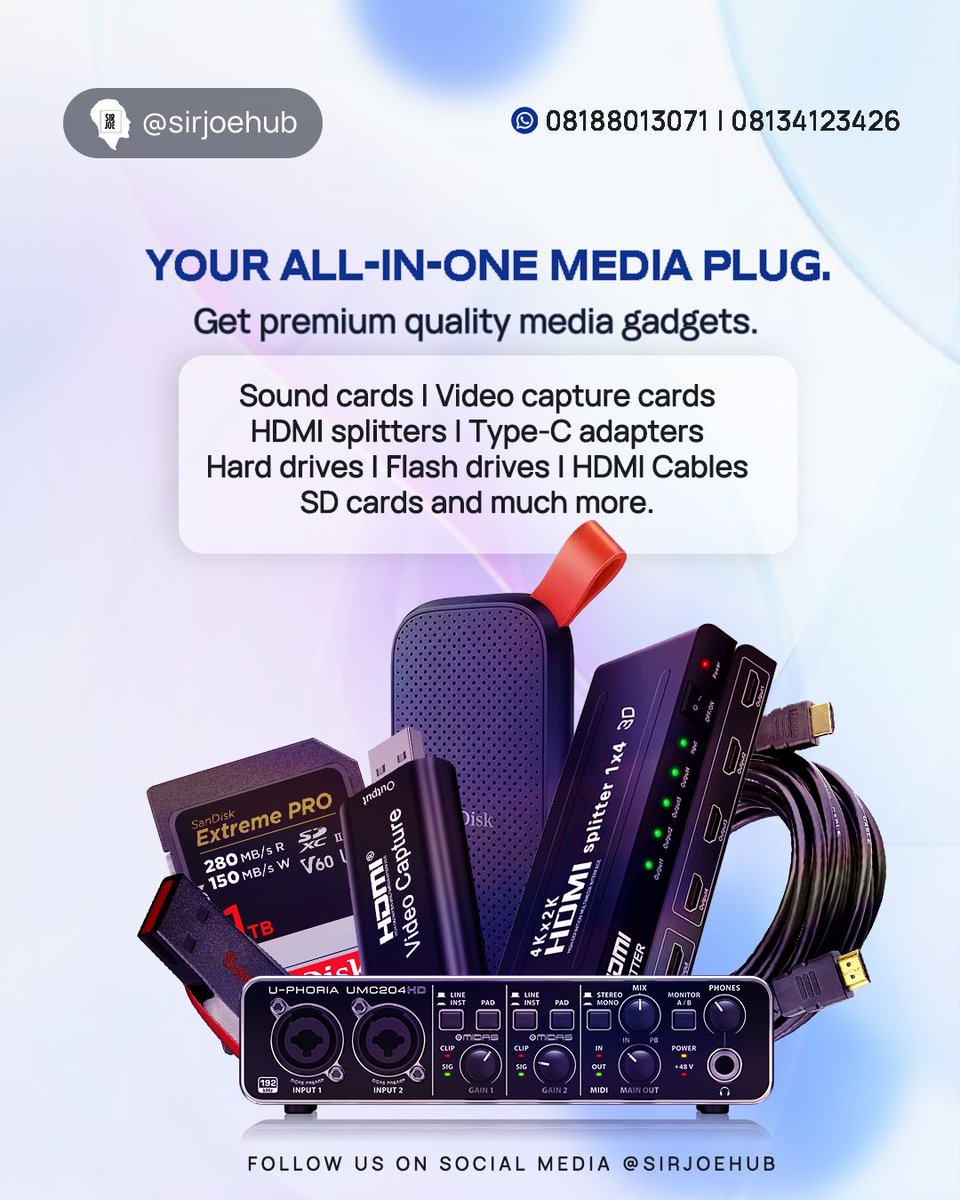 🎙️💻🎥Fire up your creativity with the right gadgets – from sound cards to storage drives, we’ve got you covered!

✨ Starting a podcast?
✨ Streaming your church services?
✨ Running sponsored ads?
✨ Hosting live events?

👉🏽Send us a DM today and let’s get you set up!

#SirJoe