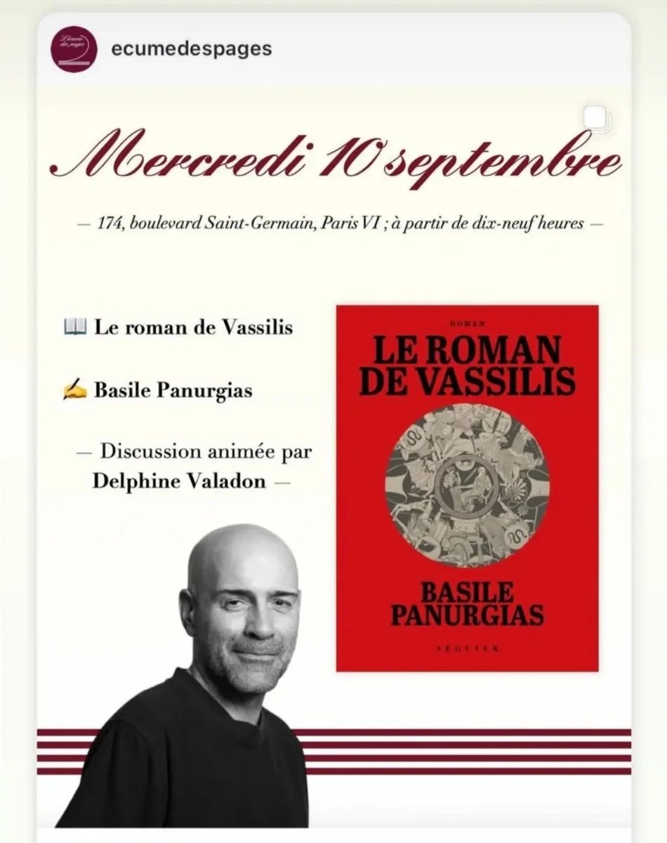 🗣✍️Lancement - dédicace avec Basile Panurgias pour 
son ouvrage 𝗟𝗲 𝗥𝗼𝗺𝗮𝗻 𝗱𝗲 𝗩𝗮𝘀𝘀𝗶𝗹𝗶𝘀 
(📖👉bit.ly/3UDyiuT)

Rencontre animée par Delphine Valadon

📅Mercredi 10 Septembre
⏱  19h
📍Librairie L'Ecume  des Pages - Paris IV