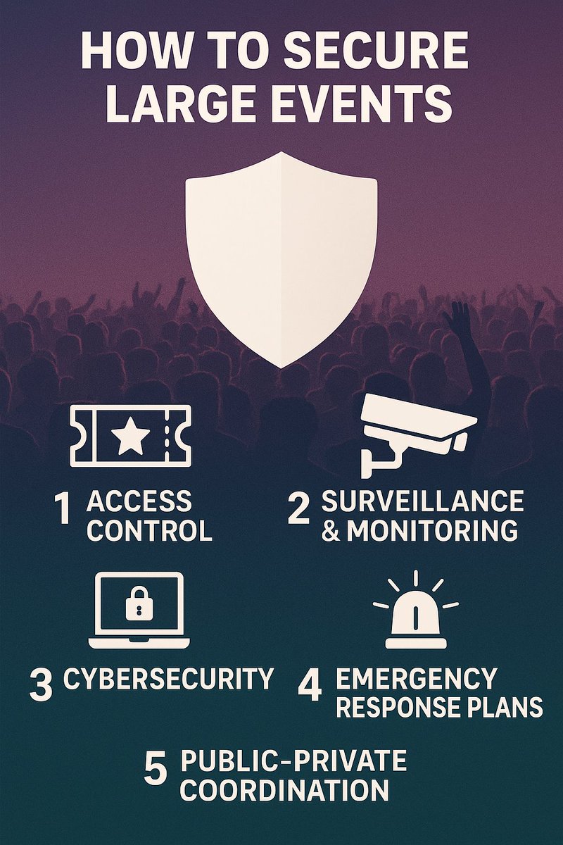 DynamicReact's tweet image. 🎤 Big events = big security challenges.
Here’s how to secure them:
1️⃣ Access control
2️⃣ Surveillance & monitoring
3️⃣ Cybersecurity
4️⃣ Emergency response
5️⃣ Public–private coordination
Layered defence keeps crowds safe.
#events #securitytips #dynamicreactions