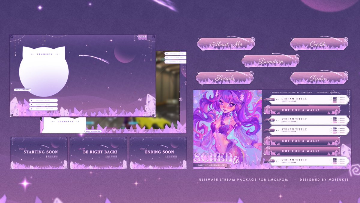 【STREAM OVERLAY COMMS ARE OPEN】
I’m almost finished with my current queue and ready to take on new projects! 

Any ♡ + ↻ to spread the word would mean a lot! 🤍