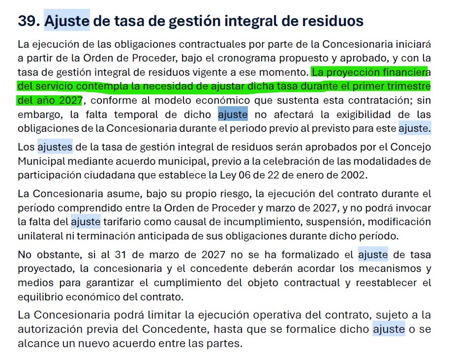 Vecinos, ya me leí el dichoso Pliego.
Y hoy les quiero comentar sobre la posibilidad real de que tengamos un ajuste al alza en la tarifa de la tasa de aseo. Acá abajo les dejo los captures correspondientes.
El asunto es que para el 31 de marzo de 2027 deberíamos esperar un