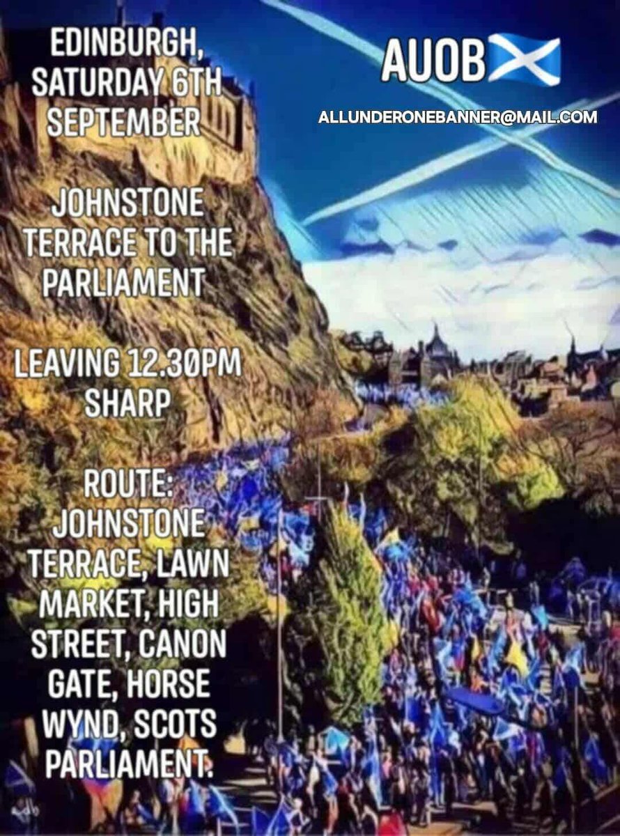 ANNUAL MARCH AND RALLY FOR SCOTTISH INDEPENDENCE 
EDINBURGH, SATURDAY 6TH SEPTEMBER 

PLEASE MAKE SURE YOU DRESS APPROPRIATELY FOR THE WEATHER 
BRING A DRINK AND LETS SHOW THE MANKY MOB THERE ARE MANY MANY MORE OF US THAN THEM 

LETS GET THOSE NUMBERS UP AND SHARE FAR AND WIDE