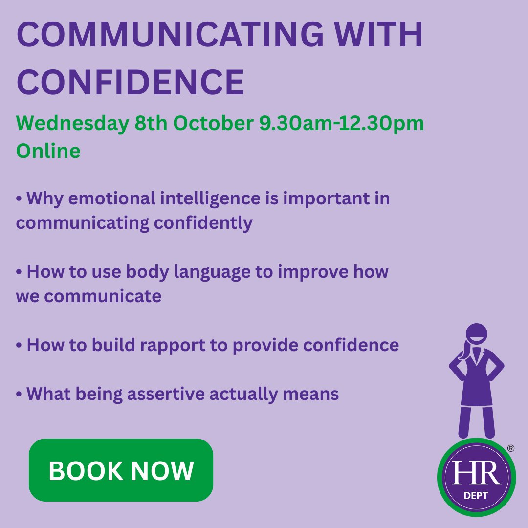 Learn to communicate with confidence in the workplace.
BOOK HERE: hrdept.co.uk/south-london/t…

#WorkplaceCommunication #ConfidenceAtWork #ProfessionalDevelopment #EmotionalIntelligence #BodyLanguage #CommunicationSkills #WorkplaceTraining #HRDept #HRDeptSouthLondon