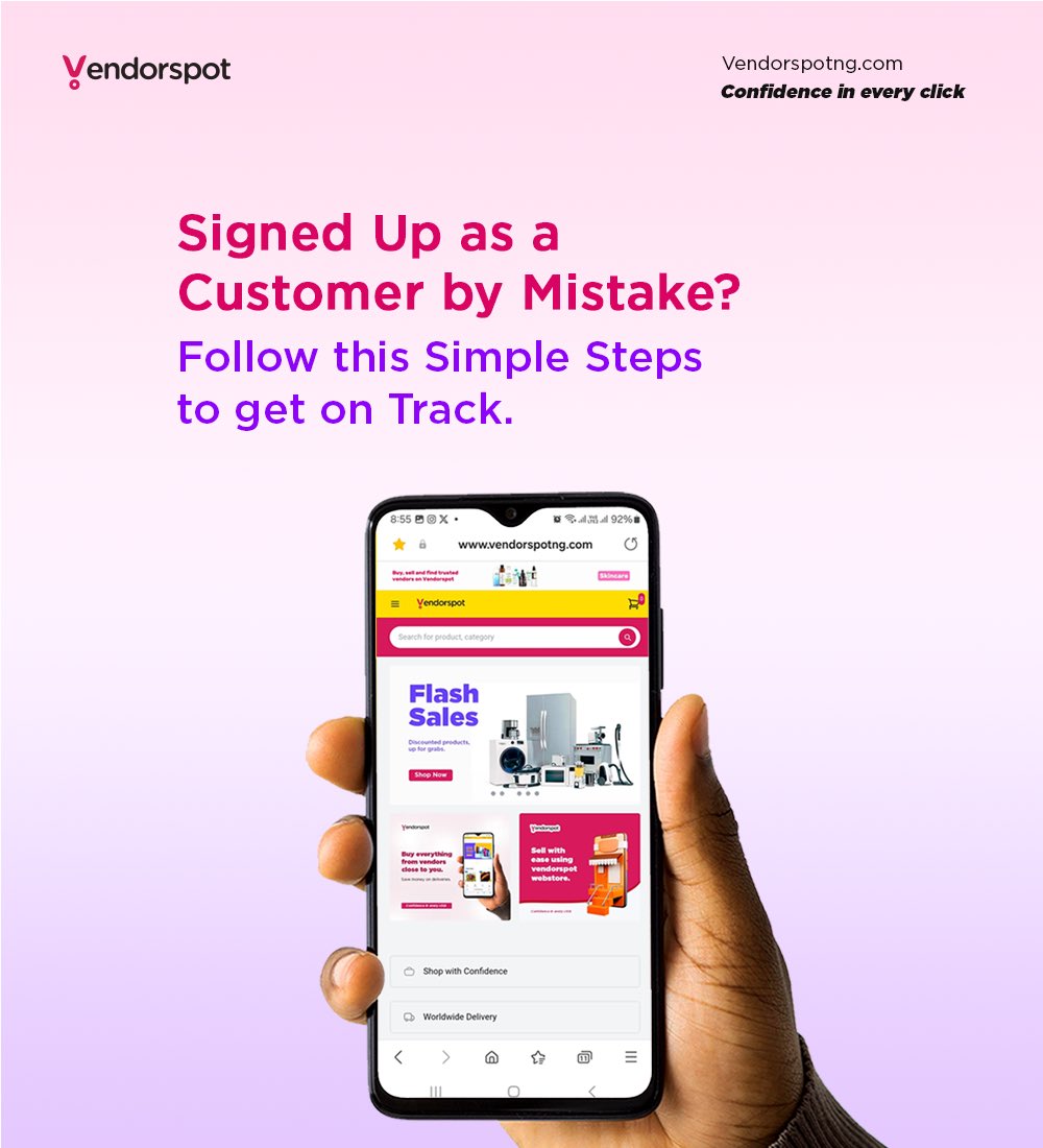 VendorsSpot's tweet photo. Oops! Did you accidentally sign up as a customer on Vendorspot, but you're ready to sell? Don't sweat it!
This quick guide shows you exactly how to switch to a vendor account in just a few simple steps.
#EcommerceNG #SellerSupport #DigitalSelling #VendorspotGuide #OnlineBusiness https://t.co/KCAIxKPr7V