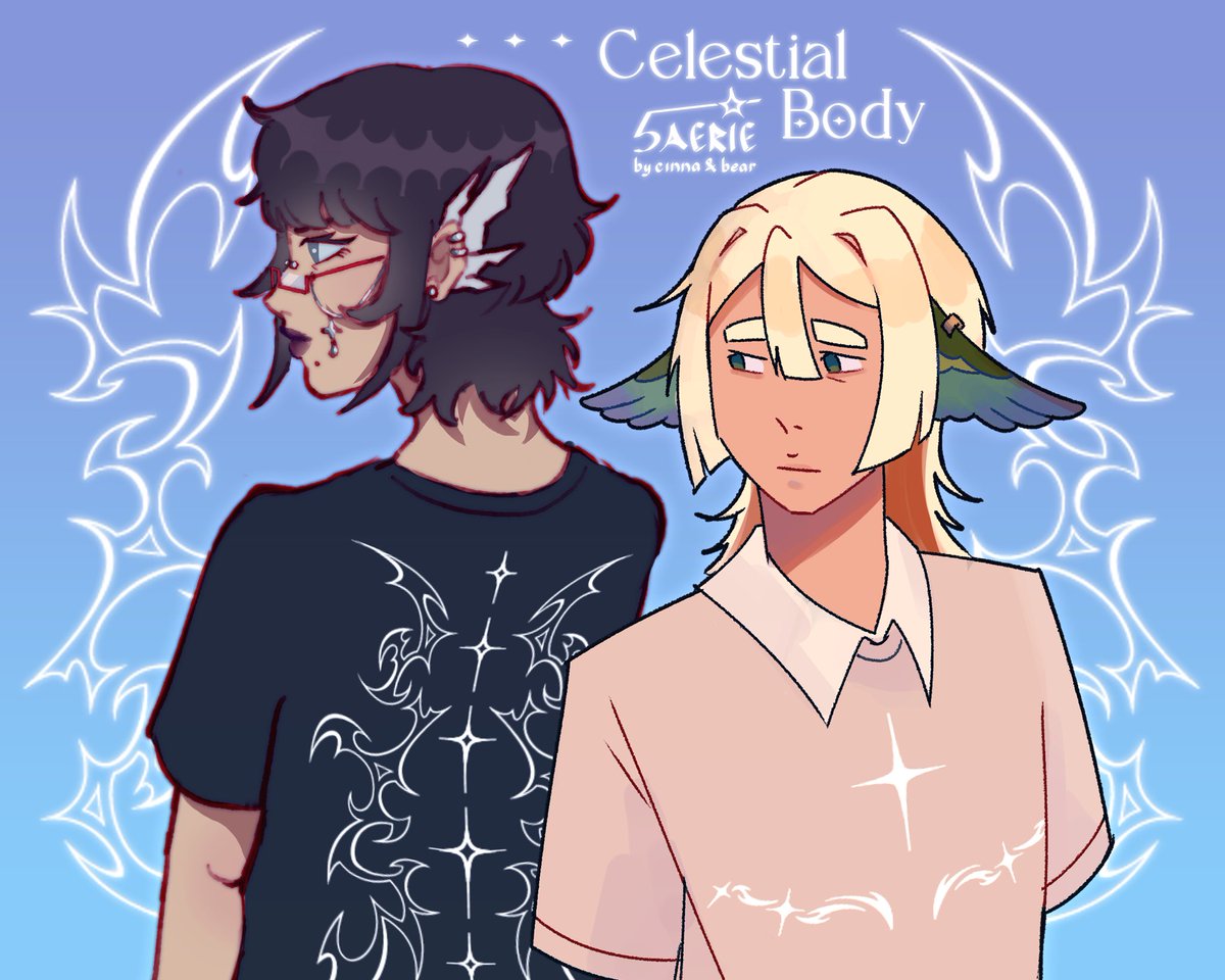 true oomfship is designing a shirt together &amp; drawing your OCs wearing it 😇

pre-order Celestial Body at
bit.ly/cb5aerie ⊹₊⟡⋆

made with love by <a href="/cinnadrop/">꒰ঌ cinna ໒꒱</a> &amp; <a href="/BUNBEARiE/">robin 🧸 aicon HAJIM3</a>
