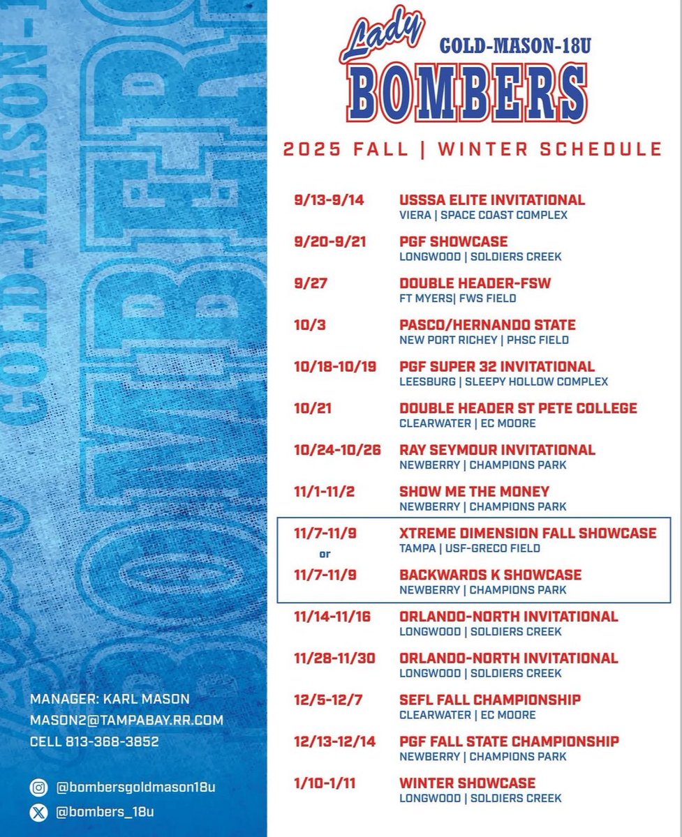 Here is my schedule for the fall! I am so excited to be on the Bombers and have an amazing season! #co2027 #Recruiting #SoftballRecruiting #collegesoftball